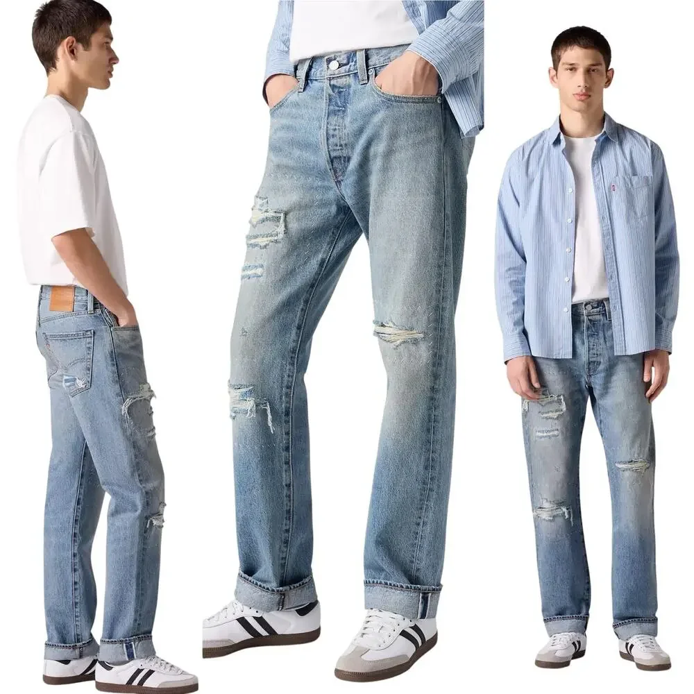 Levi's Selvedge 501 Blue Jean Turquoise Rivet Distressed Mens 40 x 32 Straight